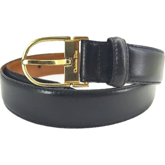 Vintage Cristian Dior Unisex Leather Belt Black Gold Logo Buckle 36” Medium - Picture 1 of 12